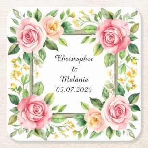 Elegant Watercolor Floral Frame  Square Paper Coaster