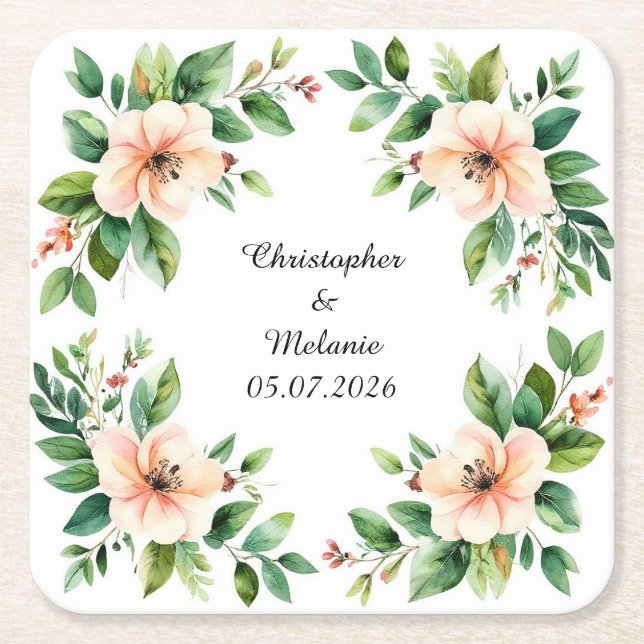 Elegant Watercolor Floral Frame  Square Paper Coaster (Front)