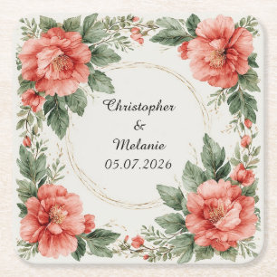 Elegant Watercolor Floral Frame Square Paper Coaster