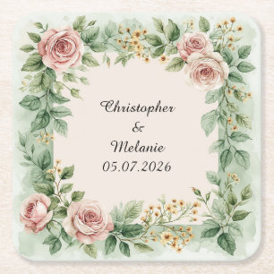 Elegant Watercolor Floral Frame Square Paper Coaster