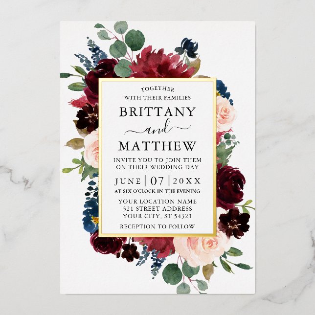 Elegant Watercolor Floral Frame Wedding Gold  (Front)