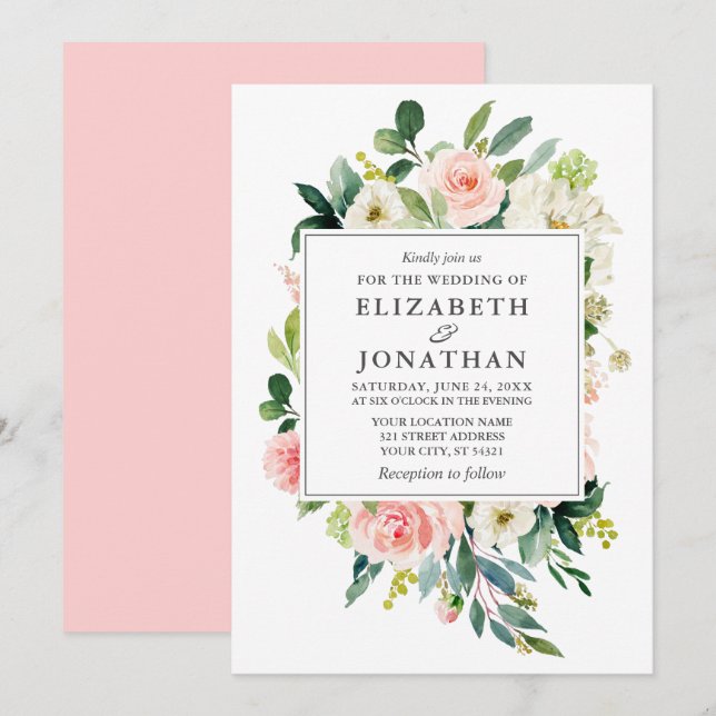 Elegant Watercolor Floral Frame Wedding Pink Invitation (Front/Back)