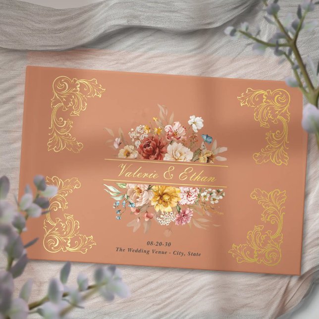 Elegant Watercolor Floral Garden Wedding Gold Guest Book (Elegant Watercolor Floral Garden Wedding Gold.
Personalized couple names guest book for garden wed.
)