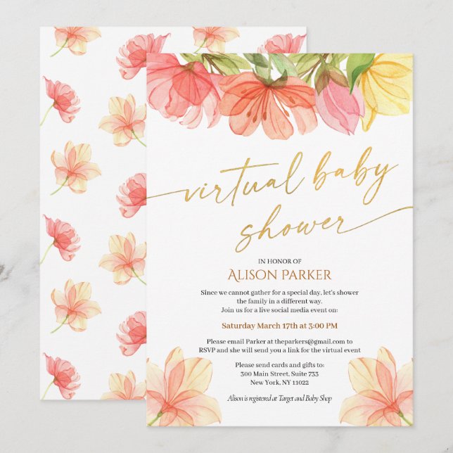 Elegant Watercolor Floral Gold Script Virtual Invitation (Front/Back)