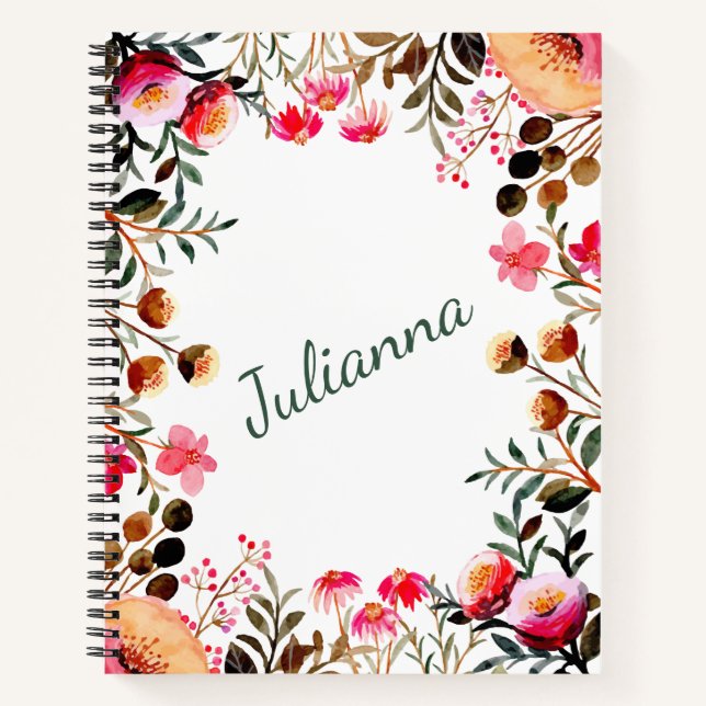 Elegant Watercolor Floral Greenery Personalized Notebook (Front)