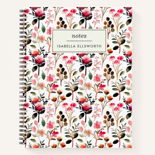 Elegant Watercolor Floral Greenery Personalized Notebook (Front)