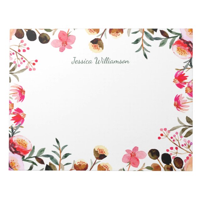 Elegant Watercolor Floral Greenery Personalized Notepad (Front)