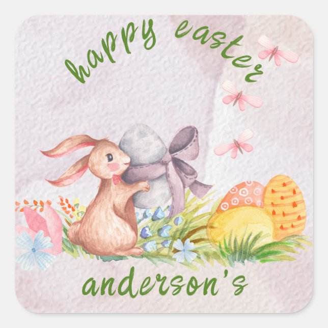 Elegant Watercolor Floral- Happy Easter  Square Sticker (Front)