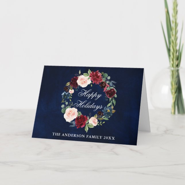 Elegant Watercolor Floral Happy Holidays Folded Card (Front)