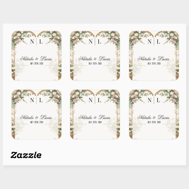 Elegant Watercolor Floral Heart Themed  Square Sticker (Sheet)