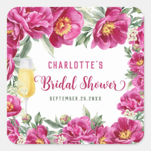 Elegant Watercolor Floral Hot Pink Bridal Shower Square Sticker
