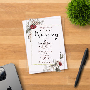 Elegant watercolor floral in red and mist wedding acrylic invitations
