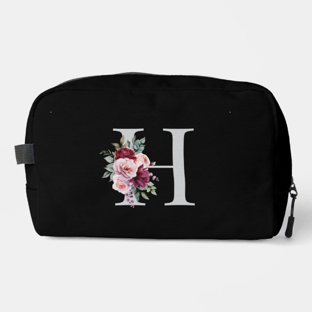 Elegant Watercolor Floral Initial Name Monogram Dopp Kit (Front)