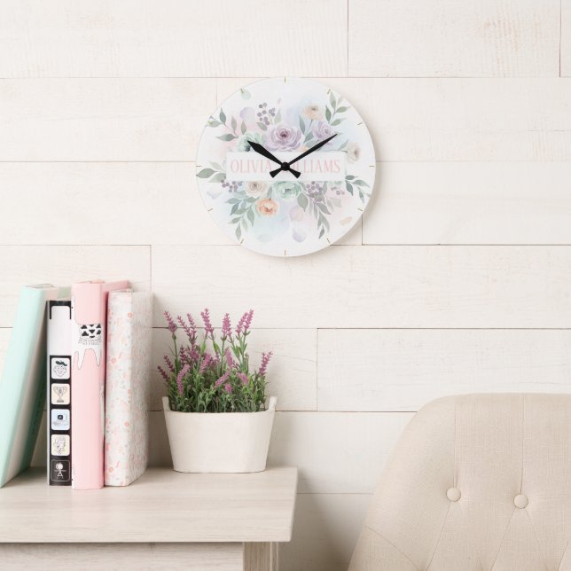Elegant Watercolor Floral  Large Clock (Reading Room)