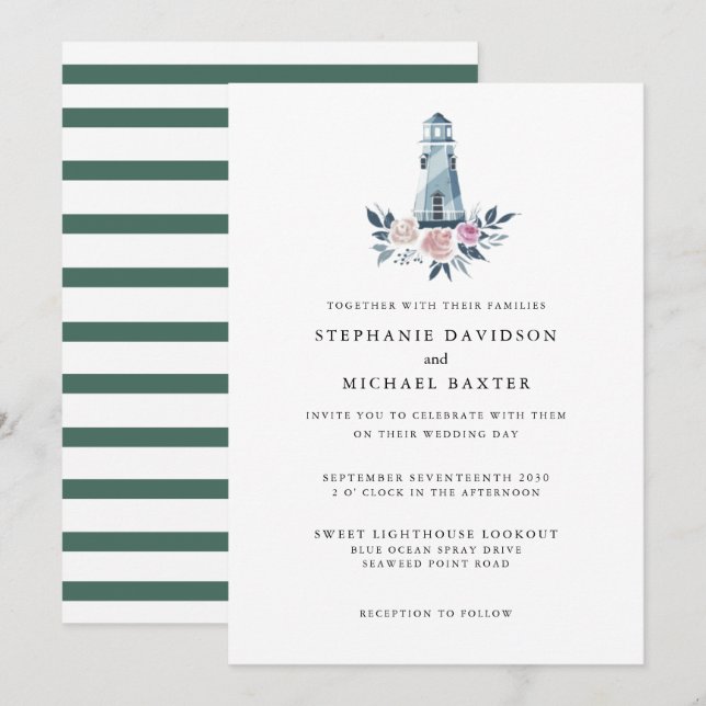 Elegant Watercolor Floral Lighthouse Nautical Invitation (Front/Back)