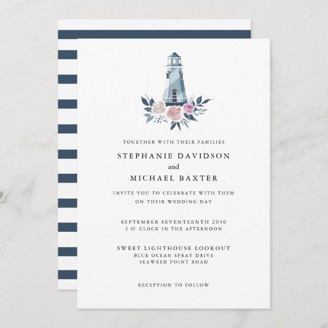 Elegant Watercolor Floral Lighthouse Nautical Invitation (Front/Back)