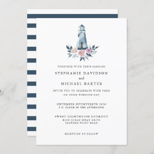 Elegant Watercolor Floral Lighthouse Nautical Invitation