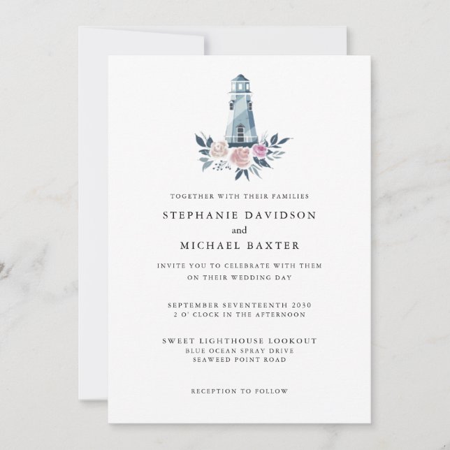 Elegant Watercolor Floral Lighthouse Nautical Invitation (Front)