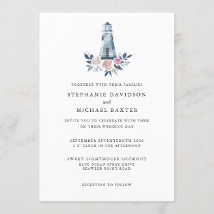 Elegant Watercolor Floral Lighthouse Nautical Invitation
