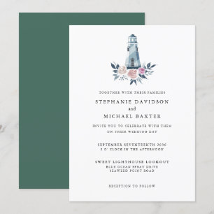 Elegant Watercolor Floral Lighthouse Nautical Invitation