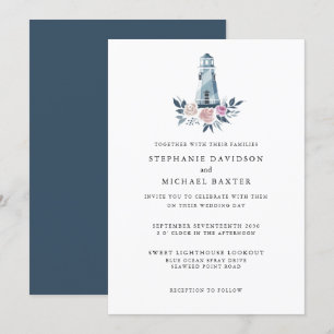 Elegant Watercolor Floral Lighthouse Nautical Invitation