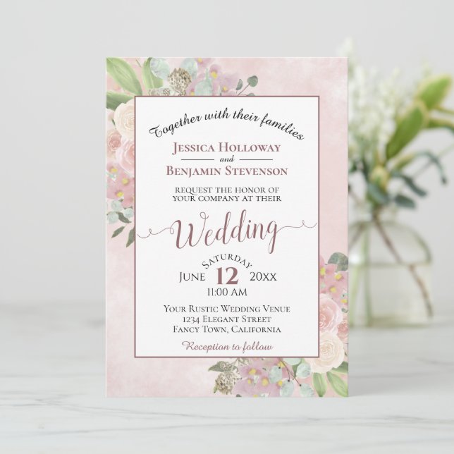 Elegant Watercolor Floral Mauve Pink Boho Wedding  Invitation (Standing Front)