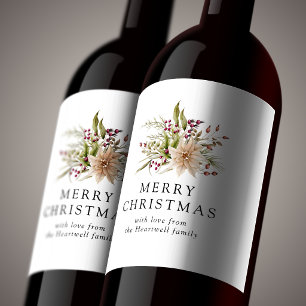 Elegant Watercolor Floral Merry Christmas Wine Label