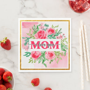 Elegant Watercolor Floral "MOM I Love You" Mother' Napkin