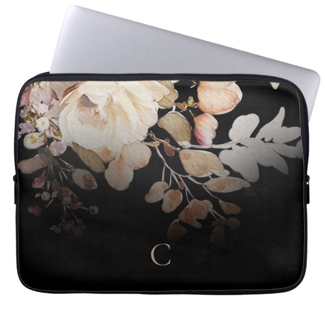 Elegant Watercolor Floral Monogram Black Laptop Sleeve (Front)