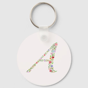 Elegant Watercolor Floral Monogram Letter A Keychain