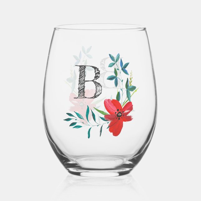 Elegant Watercolor Floral Monogram Stemless Wine Glass (Front)