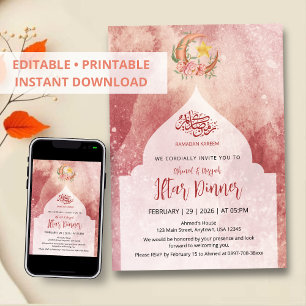 Elegant Watercolor Floral Moon Iftar Dinner Invitation