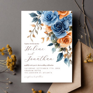  Elegant Watercolor Floral Navy Blue Rust Wedding Invitation