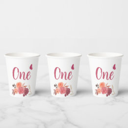 Elegant Watercolor Floral One 1st Birthday Paper Cups