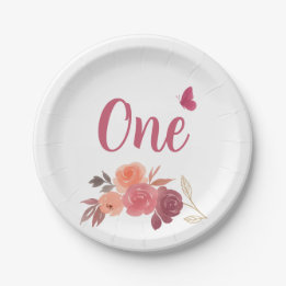 Elegant Watercolor Floral One 1st Birthday Paper Plate