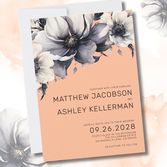 Elegant Watercolor Floral Orange Peach Wedding Invitation (Modern Elegant Watercolor Floral Peach Wedding Invitation)