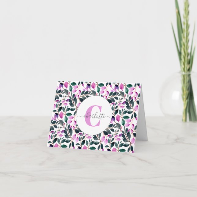 Elegant Watercolor Floral Pattern Purple Monogram Note Card (Front)