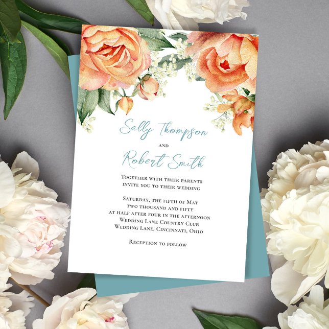 Elegant Watercolor Floral Peach Blue Wedding  Invitation (Peach floral elegant invitation)