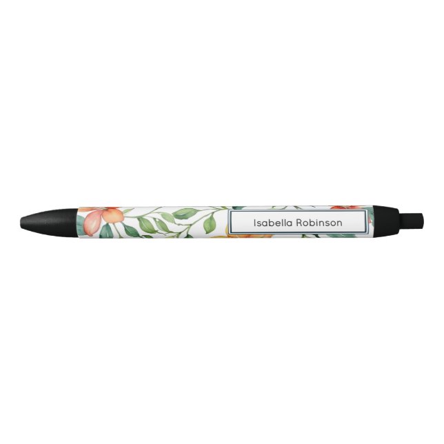 Elegant Watercolor Floral Personalized Black Ink Pen (Front)