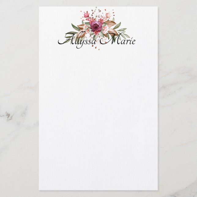 Elegant Watercolor Floral Personalized Stationery (Front)