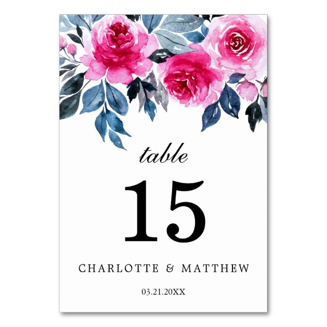 Elegant Watercolor Floral Personalized Wedding Table Number (Front)