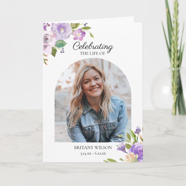 Elegant Watercolor Floral Photo Funeral Memorial Program (Front)