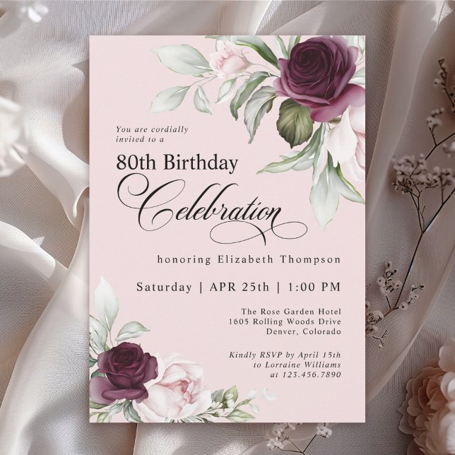 Elegant Watercolor Floral Pink 80th Birthday Invitation (Creator Uploaded)