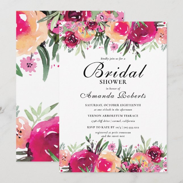 Elegant Watercolor Floral Pink Bridal Shower Invitation (Front/Back)