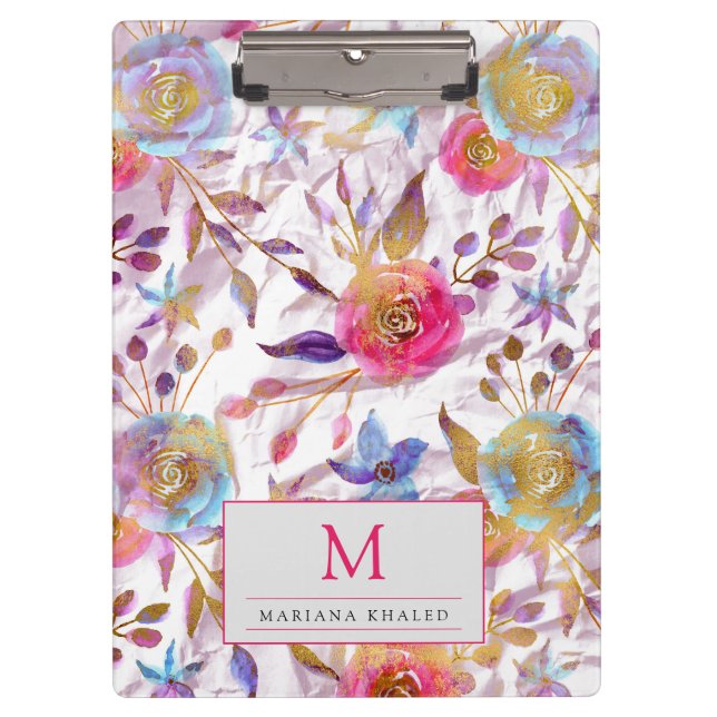 Elegant watercolor floral Pink,Gold and white  Clipboard (Front)