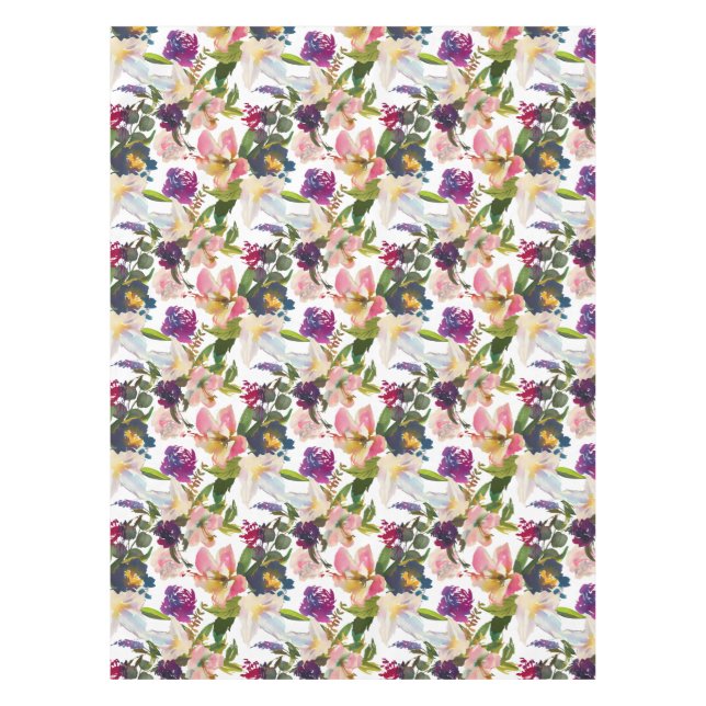 Elegant Watercolor Floral Pink Purple White Green Tablecloth (Front)
