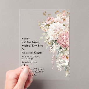 Elegant Watercolor Floral Pink script Wedding Acrylic Invitations