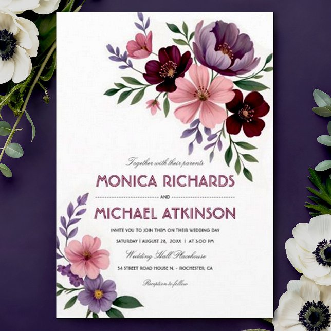 Elegant Watercolor Floral Plum Burgundy Wedding Invitation (Creator Uploaded)