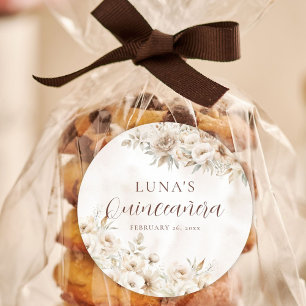 Elegant Watercolor Floral Quinceañera Favor Classic Round Sticker