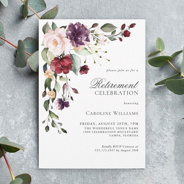 Elegant Watercolor Floral Retirement Party Invitation (Available as both printed and paperless digital download!)